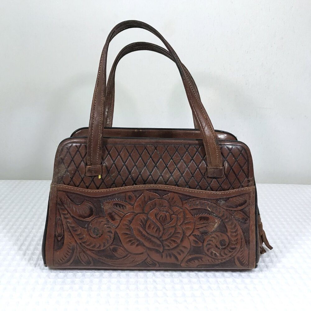 Vintage Tooled Leather Handbag Brown Floral - Picture 6 of 14